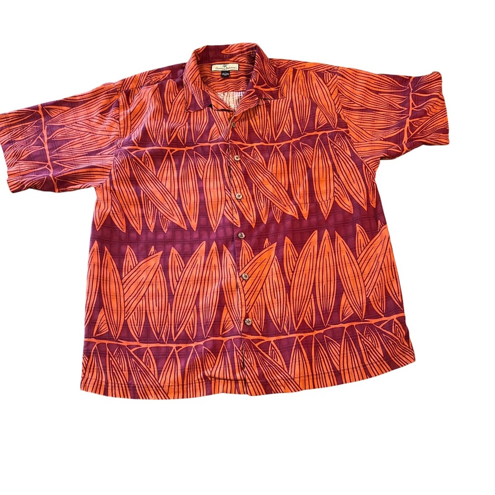 Tommy Bahama Relax Mens Large Silk Tropical Leaf Camp Shirt Orange‎ Maroon L